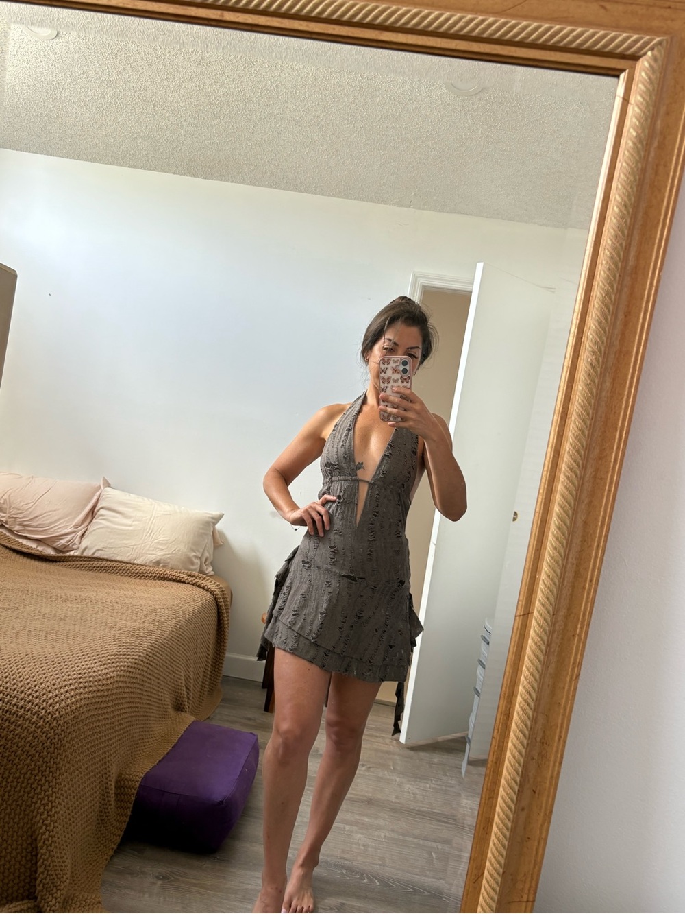 Edikted Backless Gray Ruffled Mini Dress